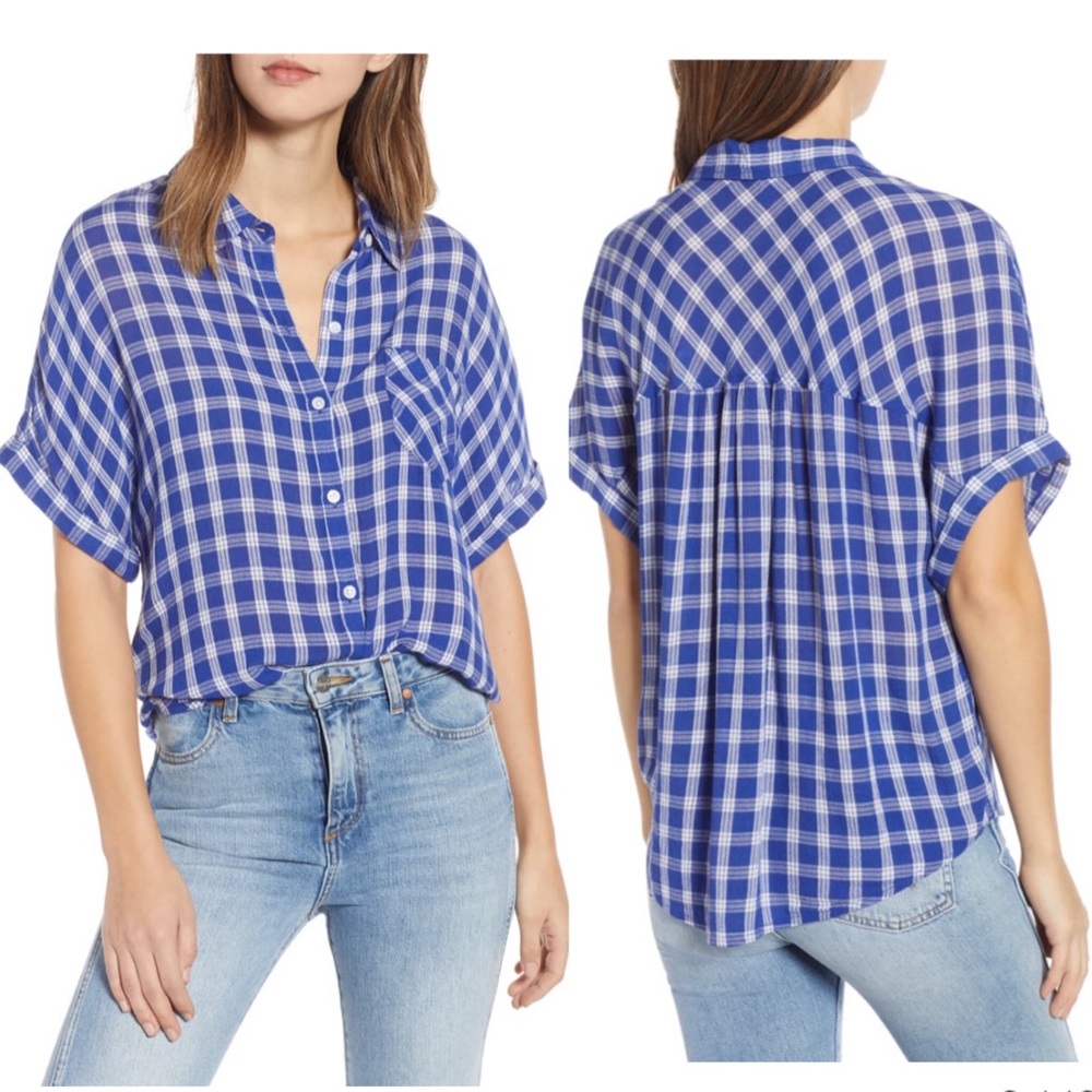 BP Nordstrom dolman button up plaid s/s blouse s